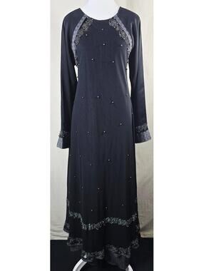 Black Abaya Kaftan Maxi Dress Size 58 Long Sleeve Rhinestone Beaded Trim Modest